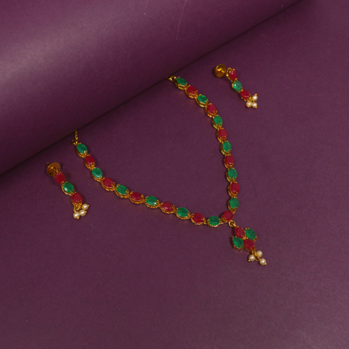 Green & Red Stone With Moti Necklace Set
