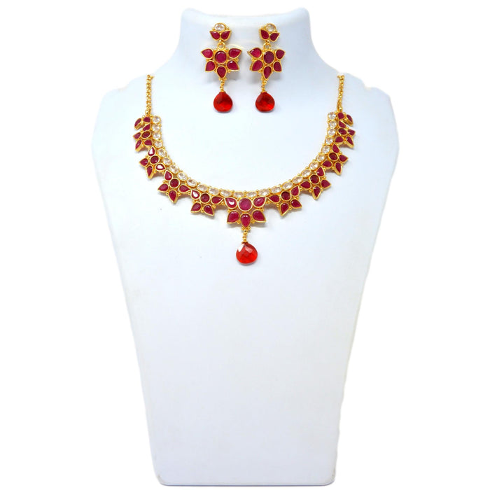 Red & White Flower Stone Necklace Set On Mannequin