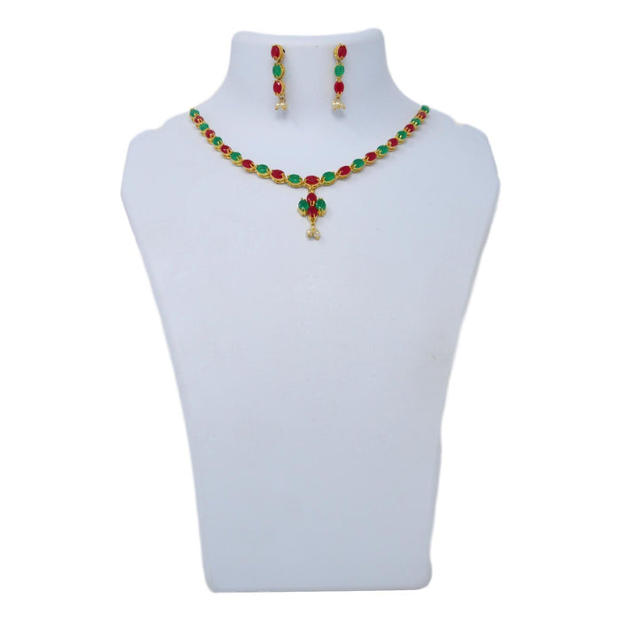 Green & Red Stone With Moti Necklace Set On Mannequin