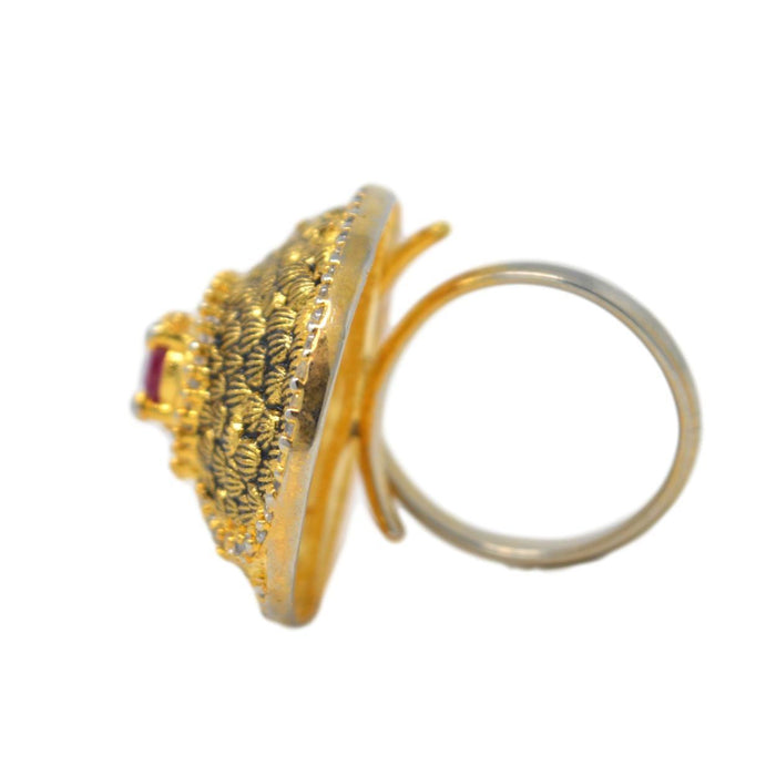 White &Red Stone Golden Oxidised Ring Side