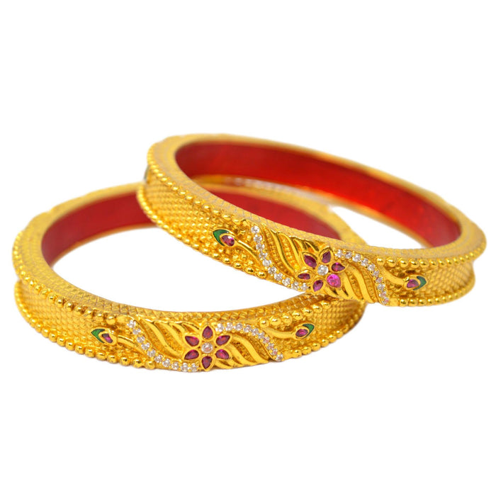 Red Green & American Diamond Temple Bangles Front View