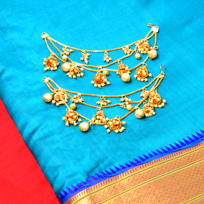 Golden Moti Jhumki Three Layer Ear Chain