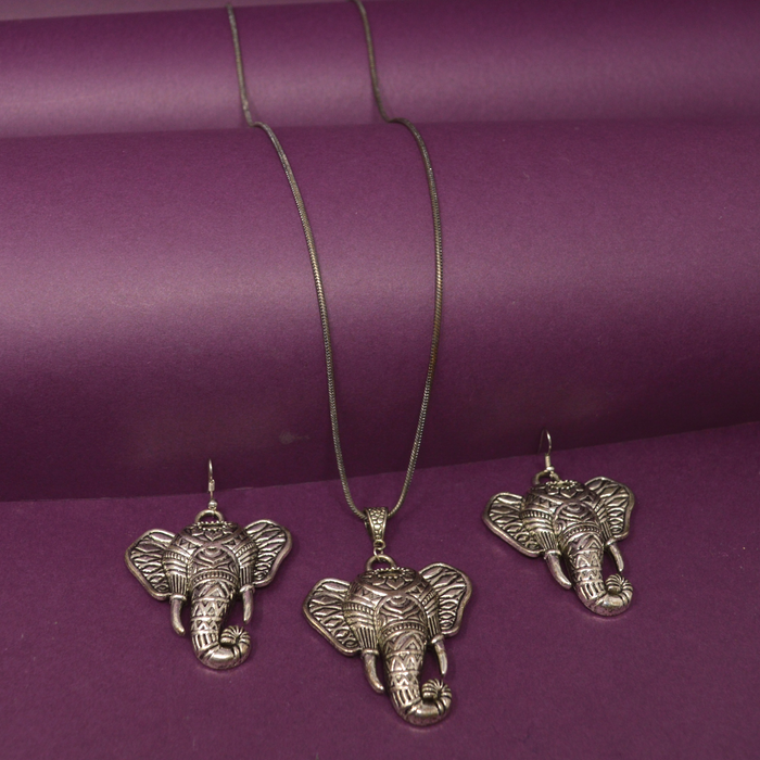Elephant Pendant Oxidised Necklace Set