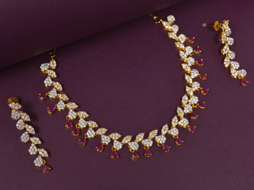 American White Diamond With Red Stone Necklace Set