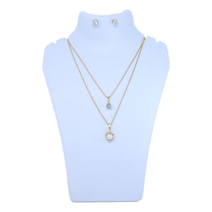 Golden American Diamond & Moti Two Layer Chain Necklace Set Back View