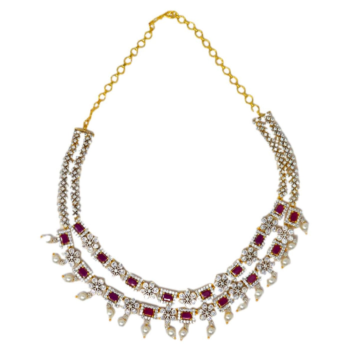 White & Red Stone, Moti Two Layer Necklace Set