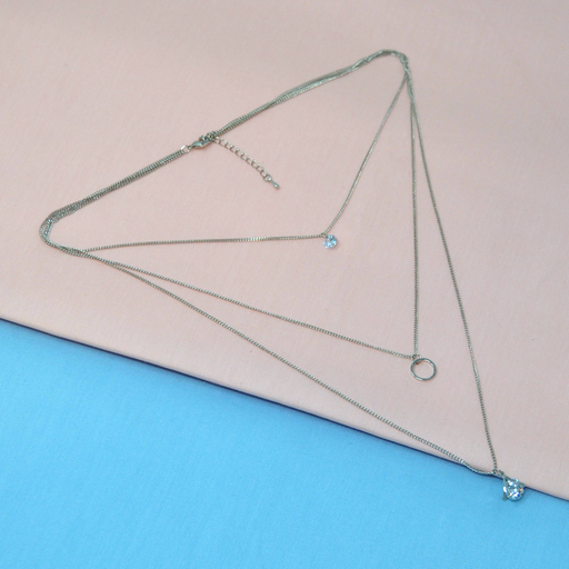 Three layer silver chain & stone pendant necklace