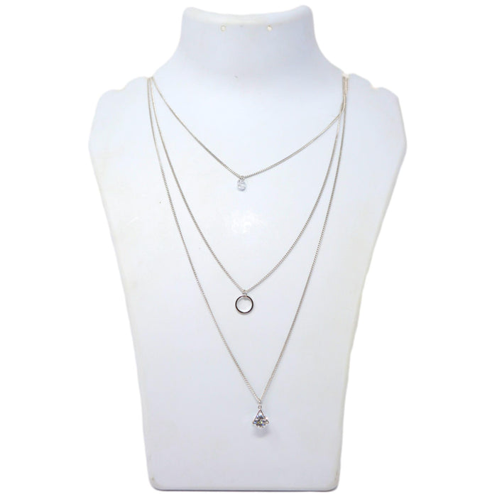 Three layer silver chain & stone pendant necklace