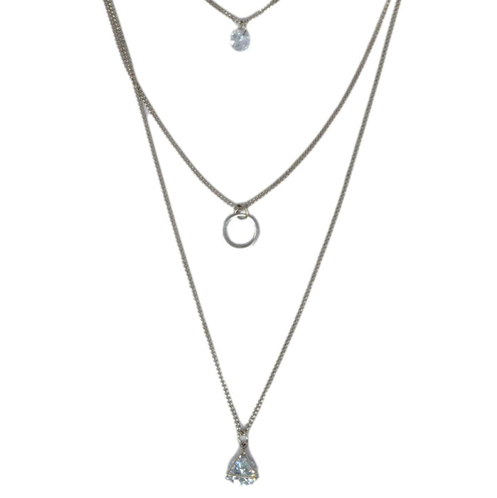 Three layer silver chain & stone pendant necklace