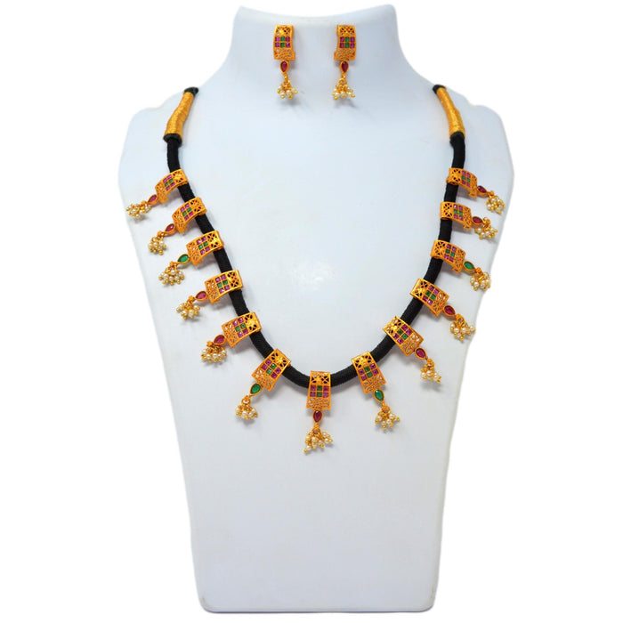 Red Green Stone & Temple Black Dhaga Necklace Set On Mannequin