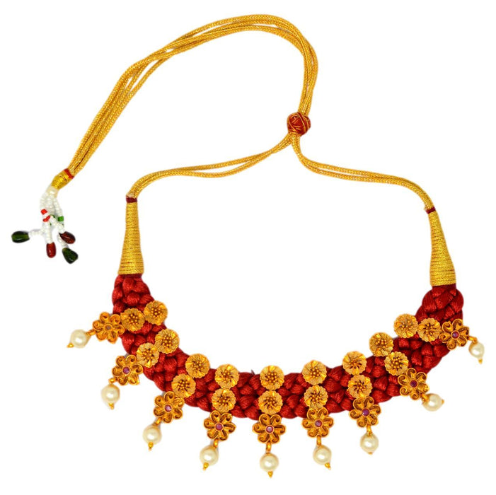 Moti Red Dhaga & Red Stone Necklace Set Top View