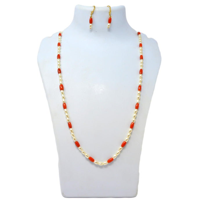 Red Stone & Moti Mala Necklace Set On Mannequin