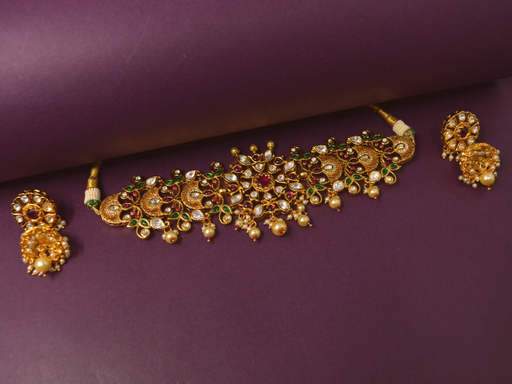 Red Green Stone & Kundan Choker Necklace Set