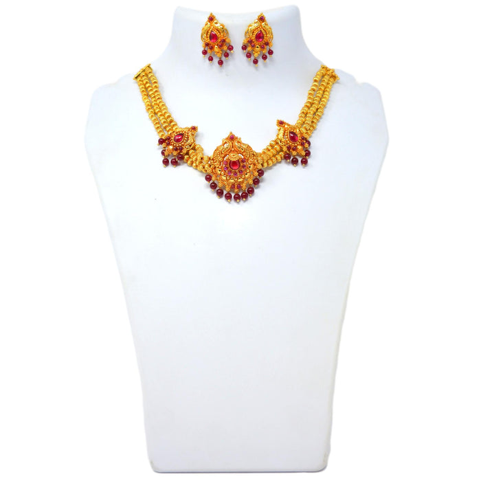 Red Stone & Golden Beads Necklace set On Mannequin