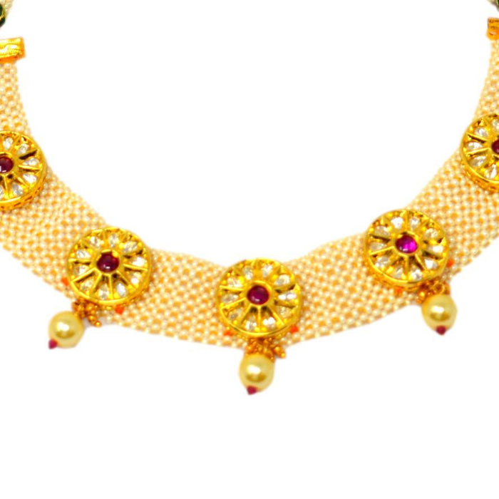 Moti Finish & White Red Stone Necklace Set Close Up