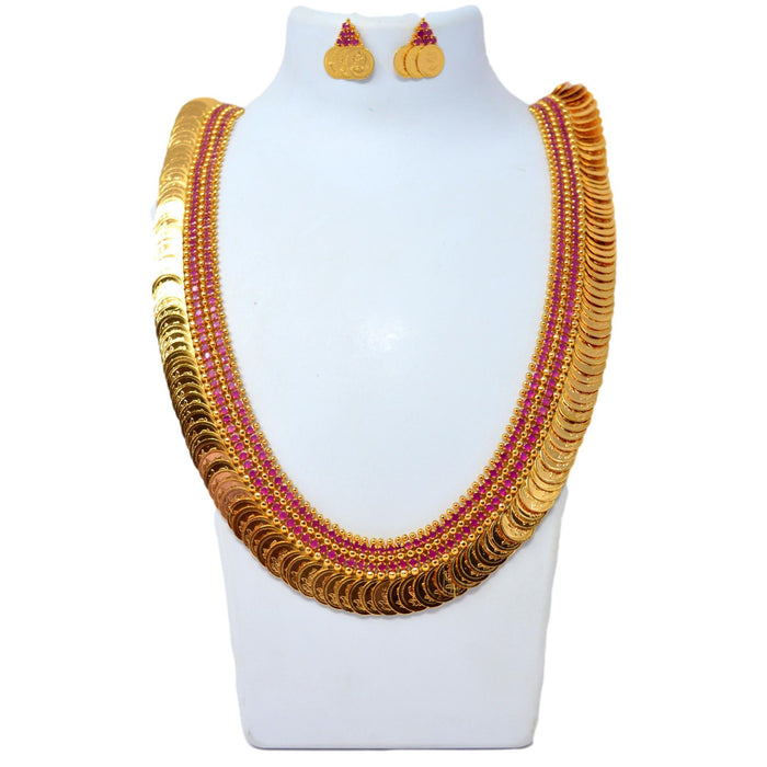 Red Stone & Laxmi Coin Necklace Set On Mannequin