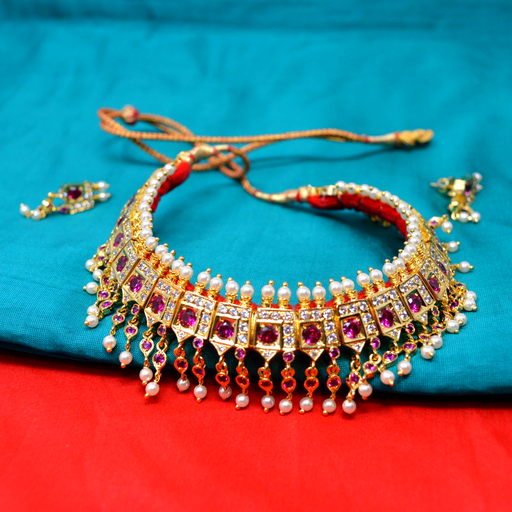 Red Stone & Moti Chinchpeti Necklace set Color