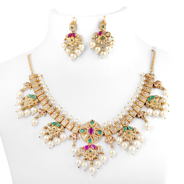 Jaipuri Red, Green Stone & Moti Necklace Set On Mannequin