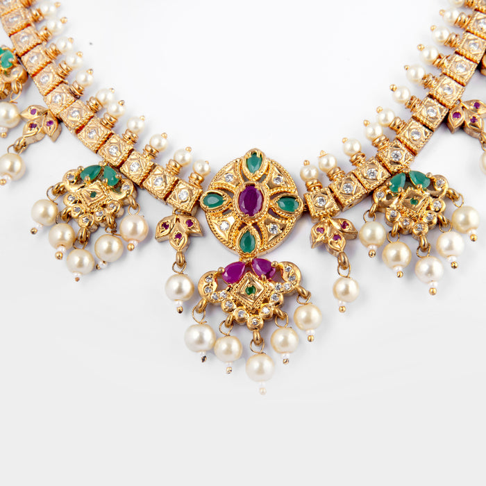 Jaipuri Red, Green Stone & Moti Necklace Closeup