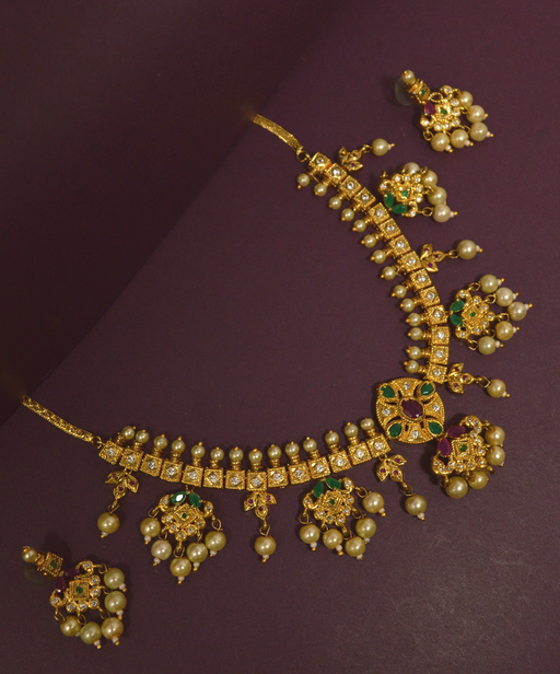 Jaipuri Red, Green Stone & Moti Necklace Set