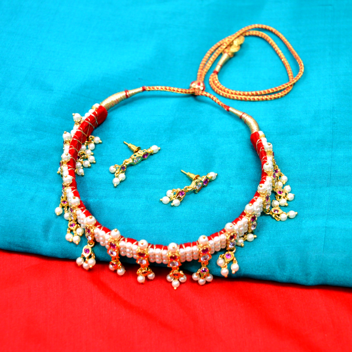 Red Stone Moti Chinchpeti Necklace Set Color