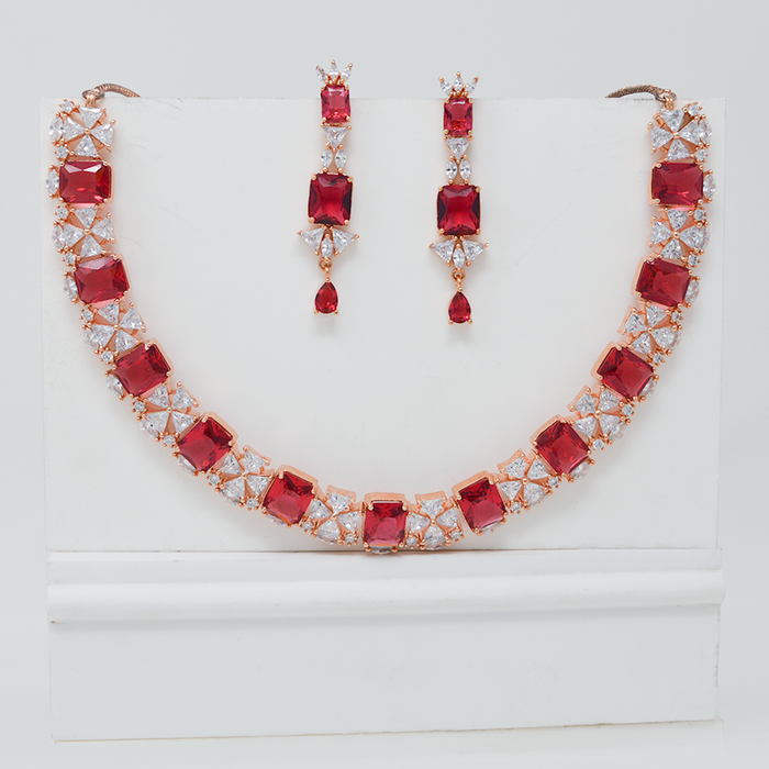 Red Stone & American Diamond Modern Necklace Set