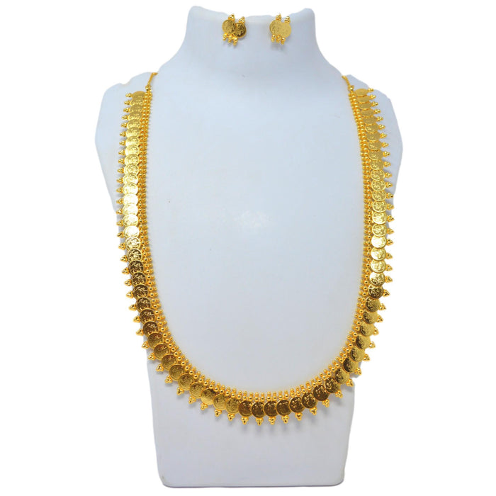 Plain Gold Laxmi Coin Necklace Set On Mannequin