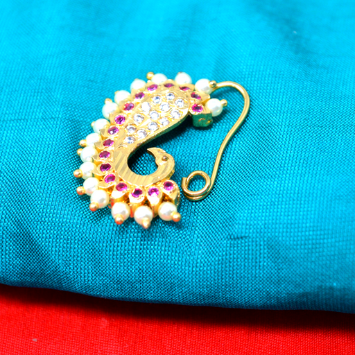 Red Stone & American Diamond Moti Press Fit Nath Color