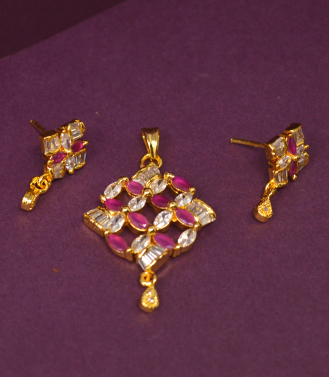 American White Diamond with Pink Stone Pendant Set