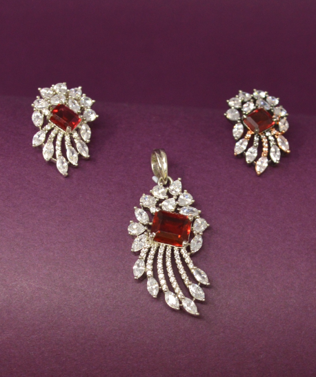 American Diamond Red White Stone Pendant Set - Main Image