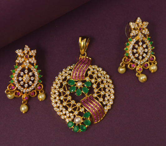 Red Green American Diamond Pendant Set