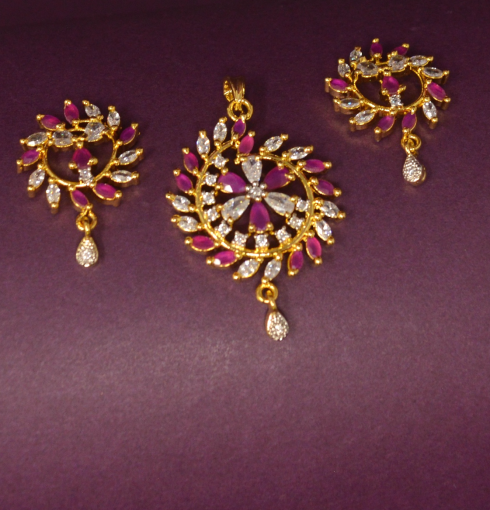 American Diamond with Pink Stone Pendant Set