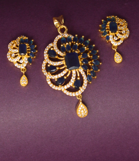 American Diamond with Blue Stone Pendant Set