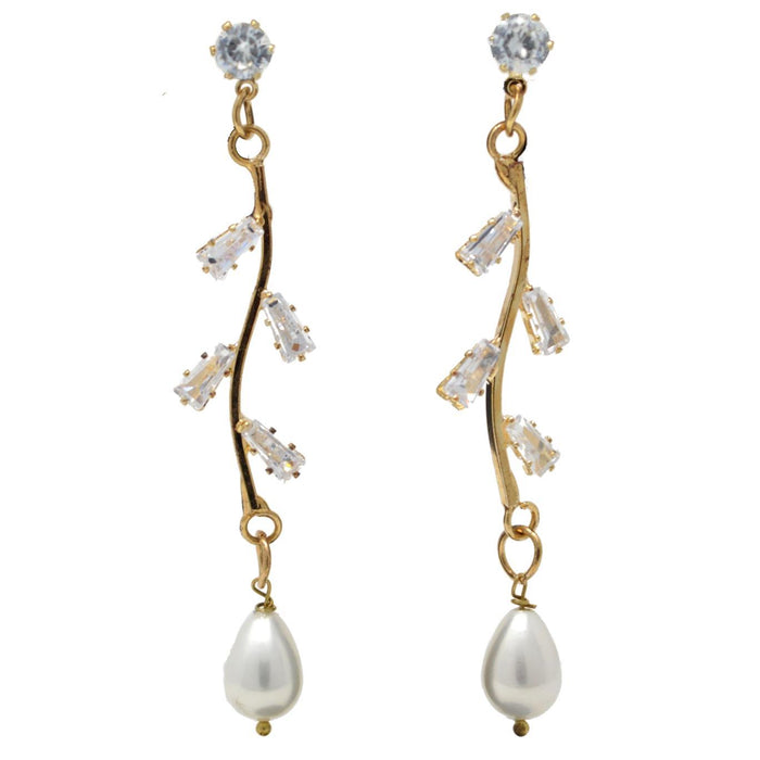 Modern American Diamond String Earrings With Pearls Front View