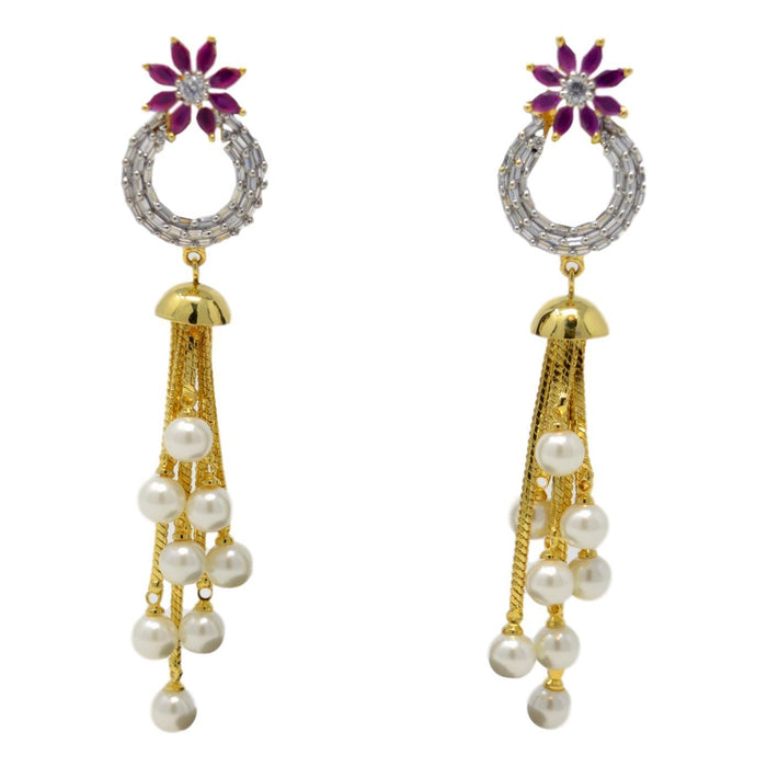 American White Diamond, Red Stone & Moti Earring Front View