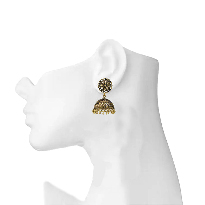 Gold Oxidised Jhumki Earring On Ear