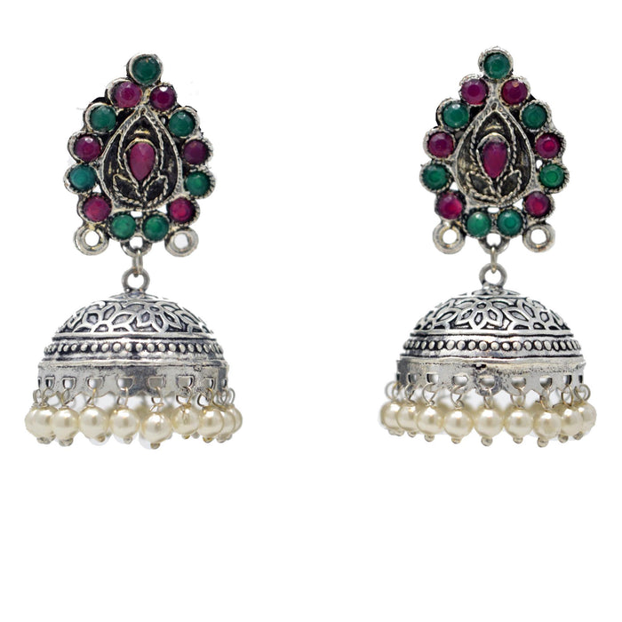 Red, Green & Moti Oxidised Earring Front View