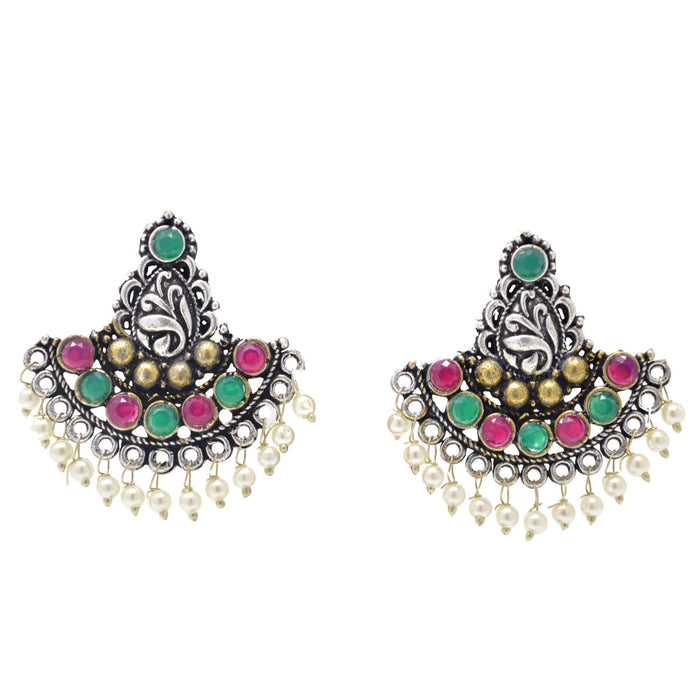 Oxidised Moti & Red,Green Stone Earring Front