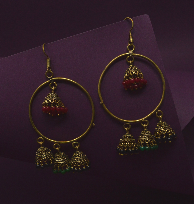 Red, Black, Green Stone Oxidised Jhumki Ring Earring