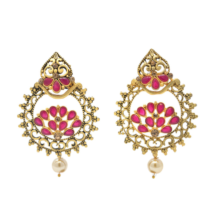 Gold Moti & Red, Stone Oxidised Earring Front View