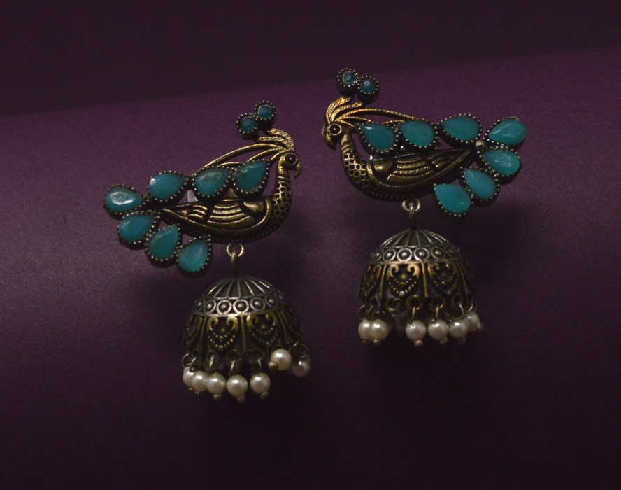 Peacock & Blue Stone Oxidised Earring