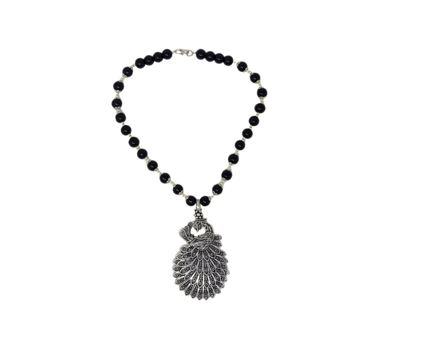 Black Mani Oxidised Peacock  Pendant Necklace Set Top View