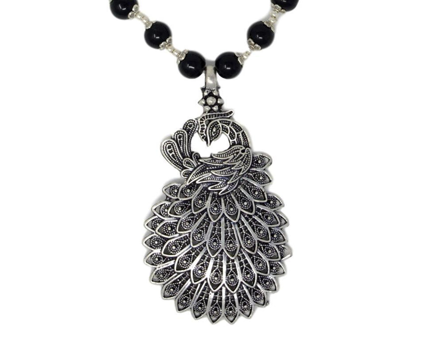 Black Mani Oxidised Peacock  Pendant Necklace Set Close Up
