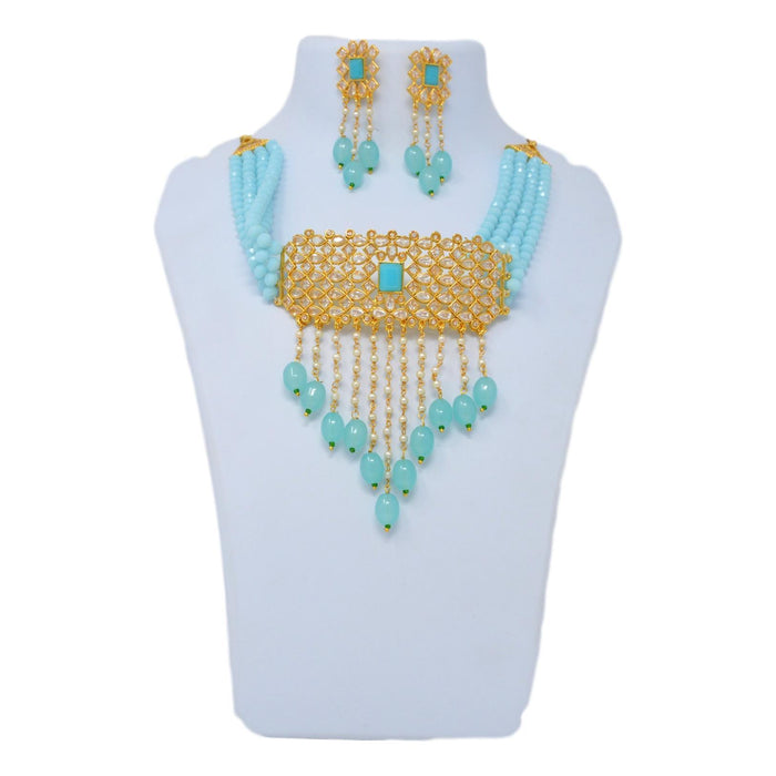 Blue Beads, Moti Kundan Necklace Set On Mannequin