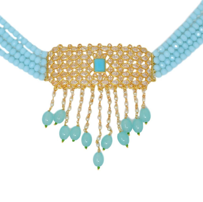 Blue Beads, Moti Kundan Necklace Set Close Up