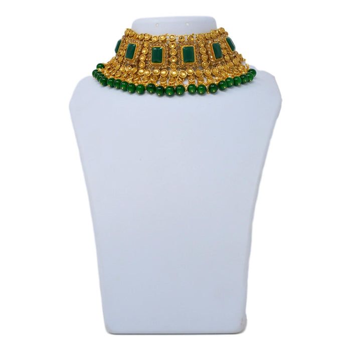 Green Stone, Moti Golden Kundan Necklace Set On Mannequin