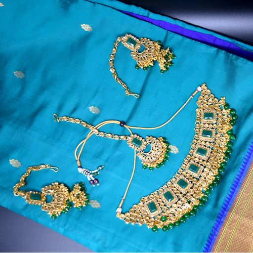 Green Stone, Moti Golden Kundan Necklace Set