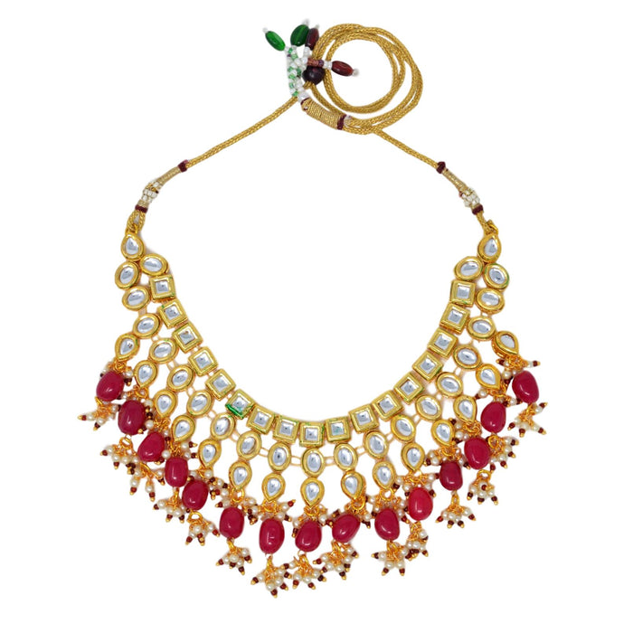 Red Stone and Moti Golden Kundan Necklace Set