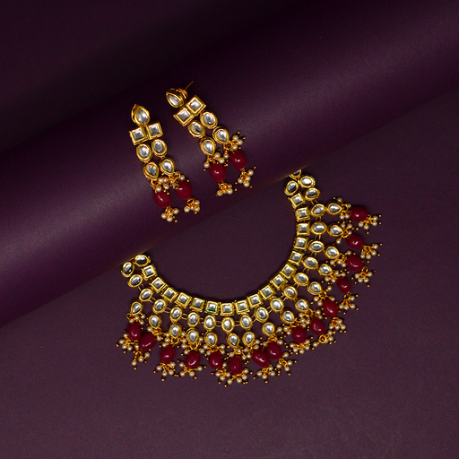 Red Stone and Moti Golden Kundan Necklace Set