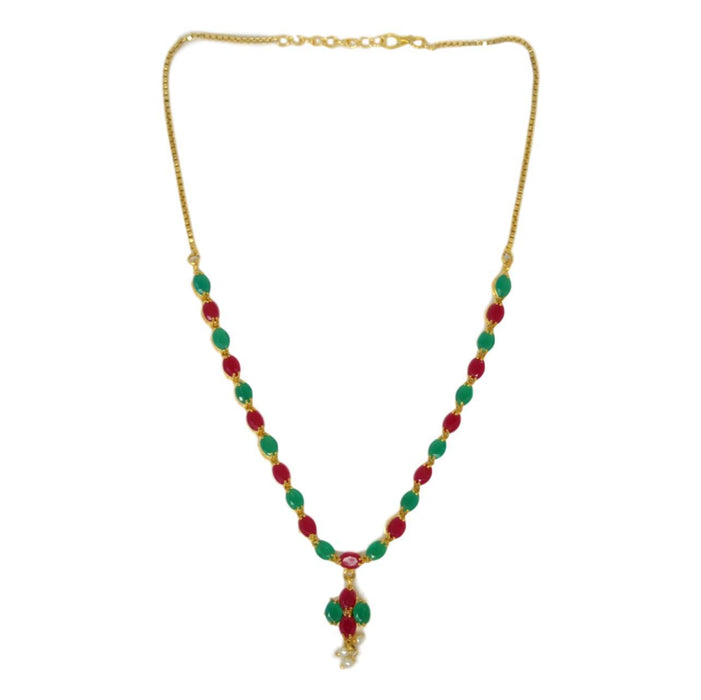 Green & Red Stone With Moti Necklace Set Top View